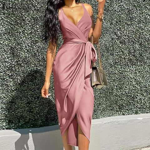 Starling Satin Wrap Midi Dress - Peach