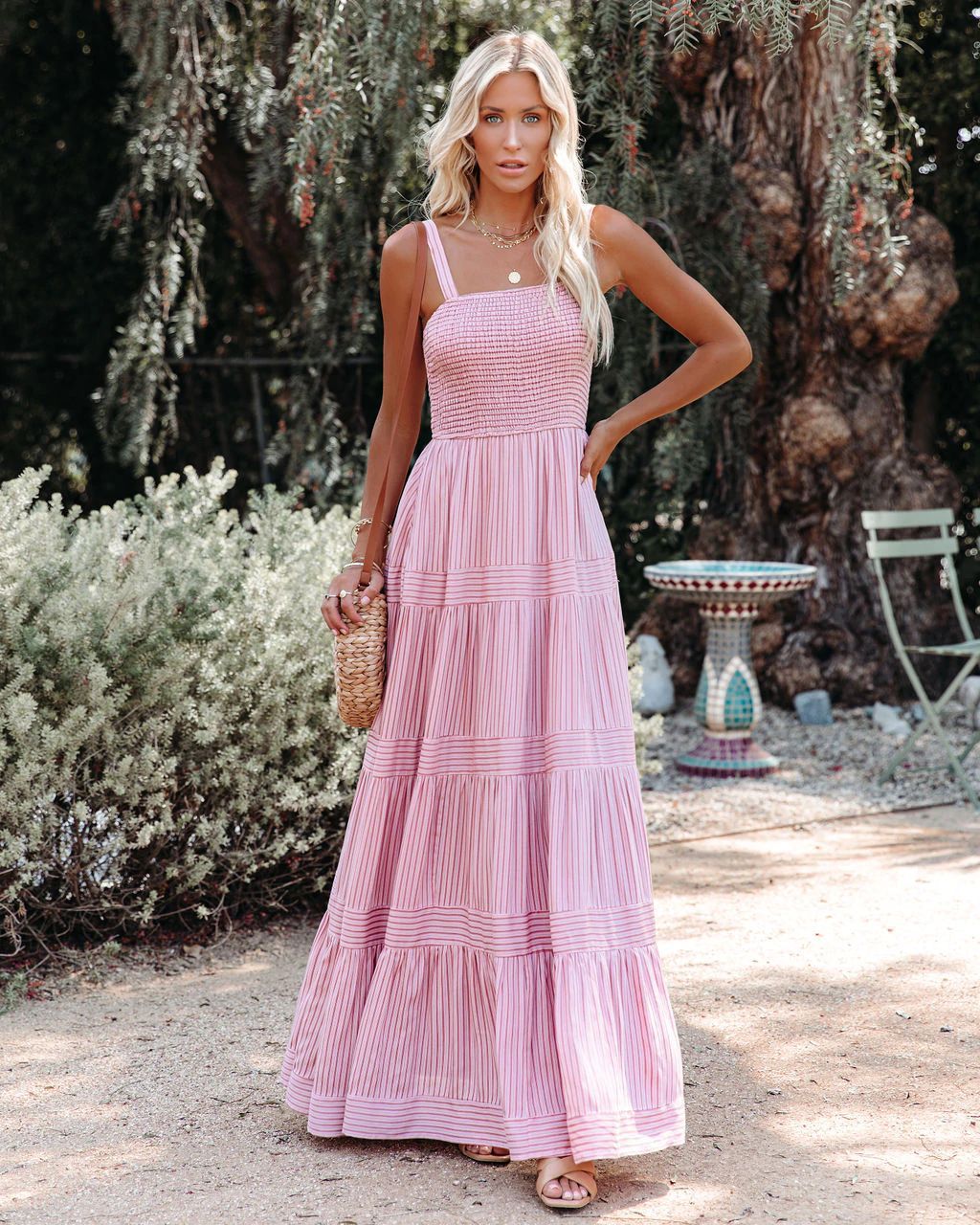 Sunshower Cotton Tiered Maxi Dress - Dusty Rose