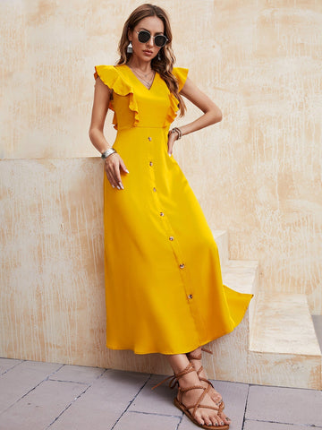 Yellow V-Neck Swing Sleeveless Ladies Dress