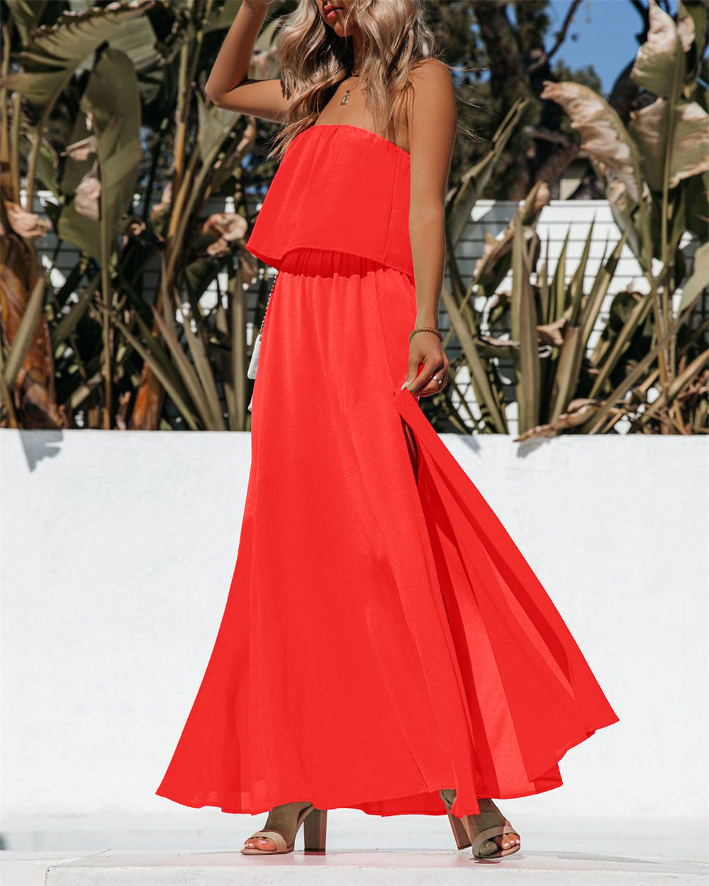 Vivid Strapless Slit Maxi Dress - Bright Orange