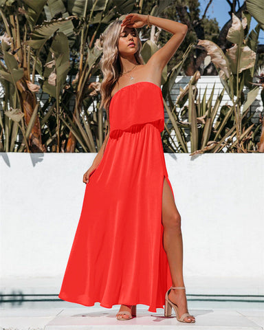 Robe longue fendue sans bretelles Vivid - Orange vif 