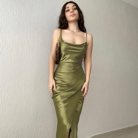 Turn Of Events Satin Midi Slip Dress - Olive