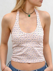 Sweet Little Floral Cropped Navel Sleeveless Halter Tank Top