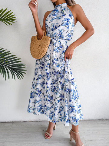 Sure Thing Floral Chiffon Halter Maxi Dress - Blue