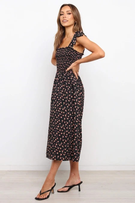 Violette Floral Satin Cutout Maxi Dress - Black