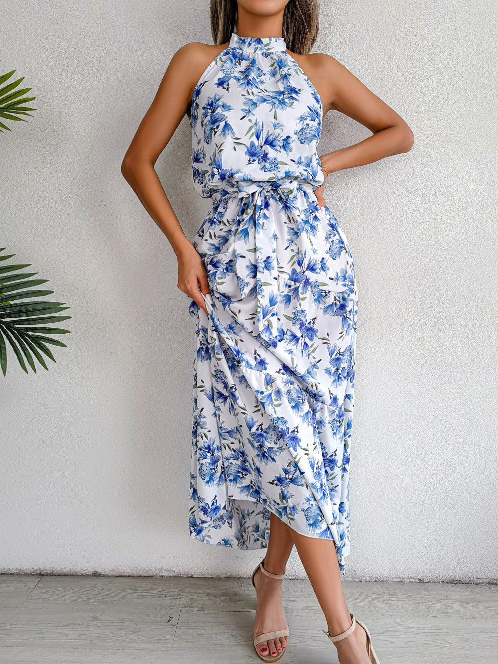 Sure Thing Floral Chiffon Halter Maxi Dress - Blue