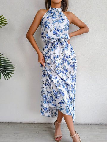 Sure Thing Floral Chiffon Halter Maxi Dress - Blue