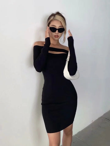 Victory Ribbed Off The Shoulder Midi Dress - Black