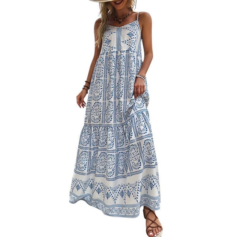 Robe longue fleurie « Sourire sans raison » - Bleu 