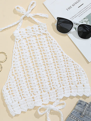 Tie Back Crochet Halter Cover Up Top