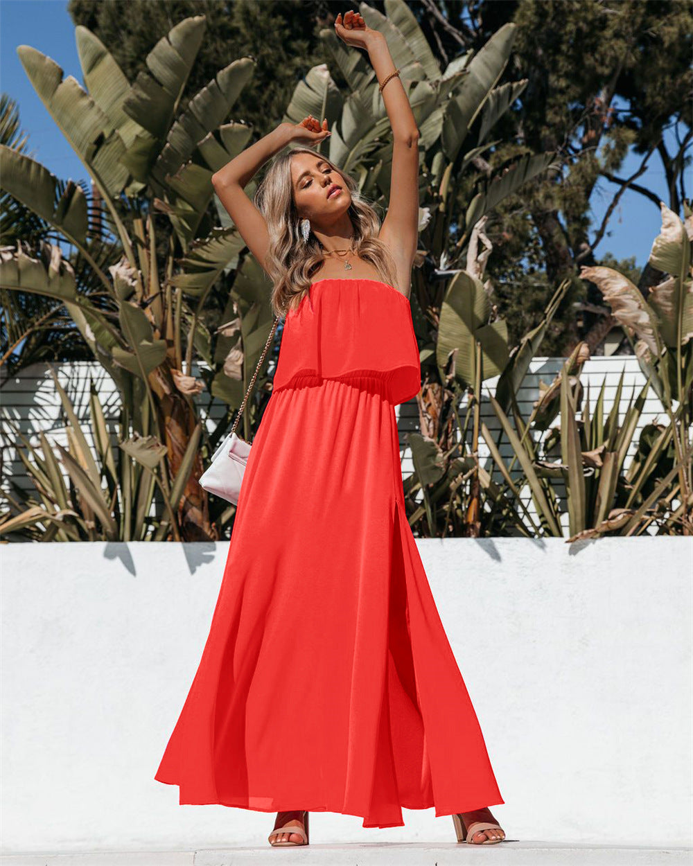 Vivid Strapless Slit Maxi Dress - Bright Orange