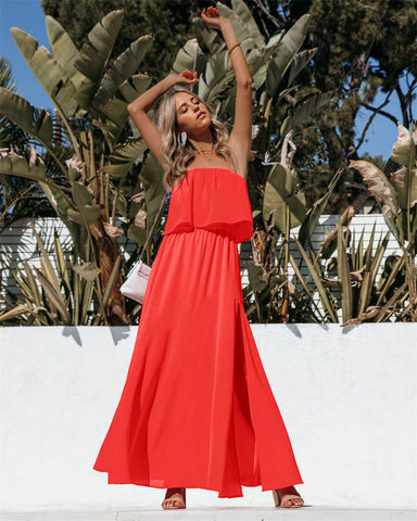 Vivid Strapless Slit Maxi Dress - Bright Orange