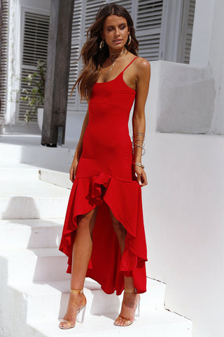 Robe longue en satin à volants asymétriques Sunlit Soiree - Rouge orangé 