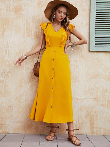 Yellow V-Neck Swing Sleeveless Ladies Dress