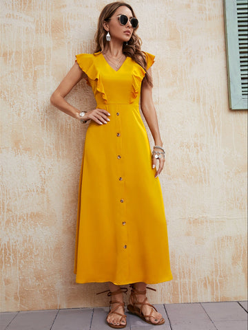 Yellow V-Neck Swing Sleeveless Ladies Dress