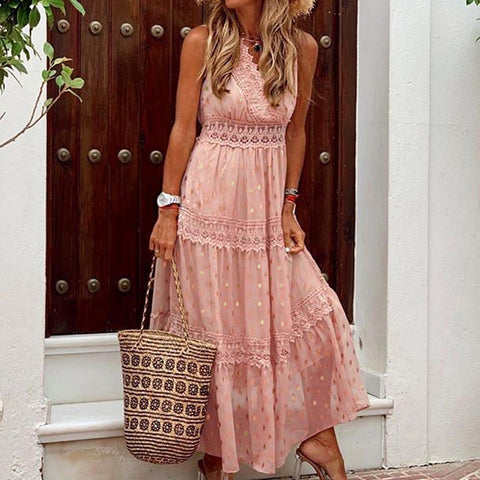 Starlit Peplum Lace Maxi Dress - Peach