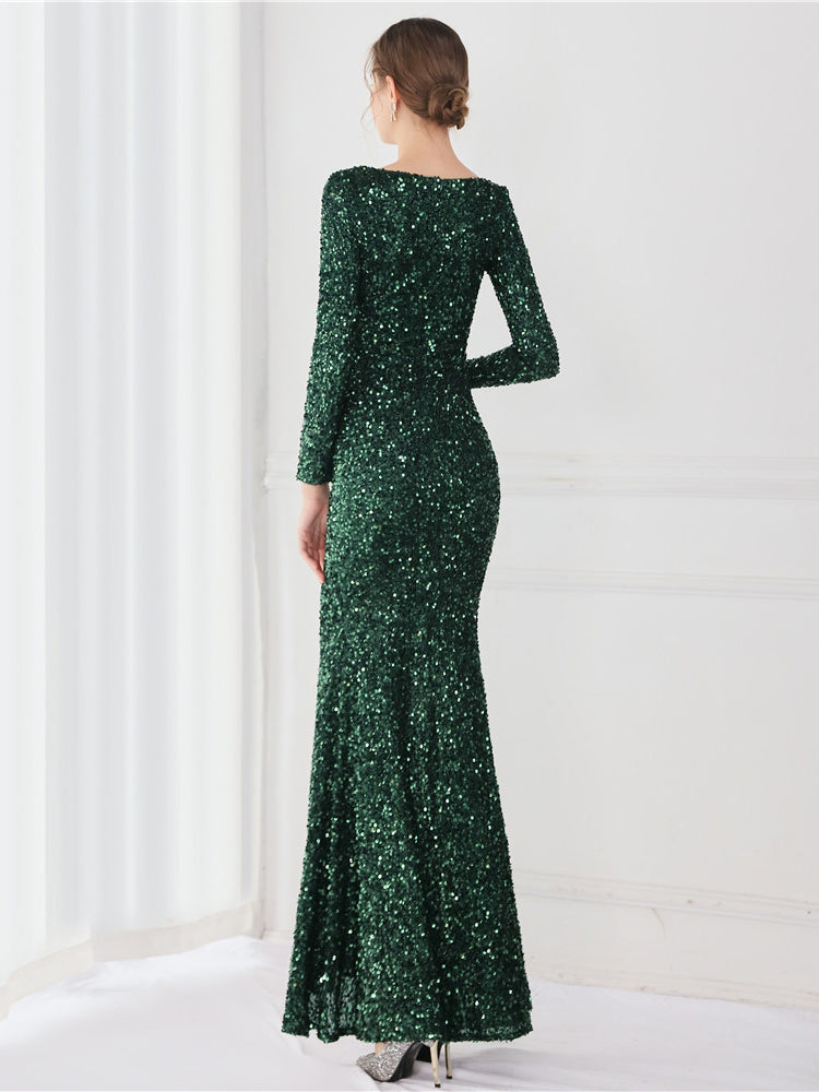 Temperament long sleeved evening dress