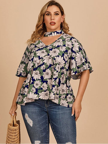 Temperament Commuter Lotus Leaf Sleeve Floral Top