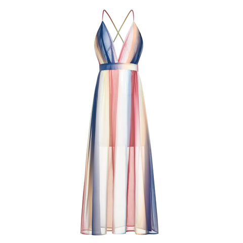 Zyva Striped Chiffon Tie Midi Dress