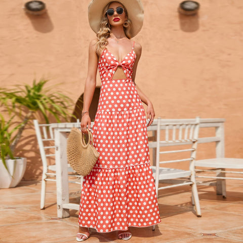 Torrie Polka Dot Tie Front Maxi Dress - Rust