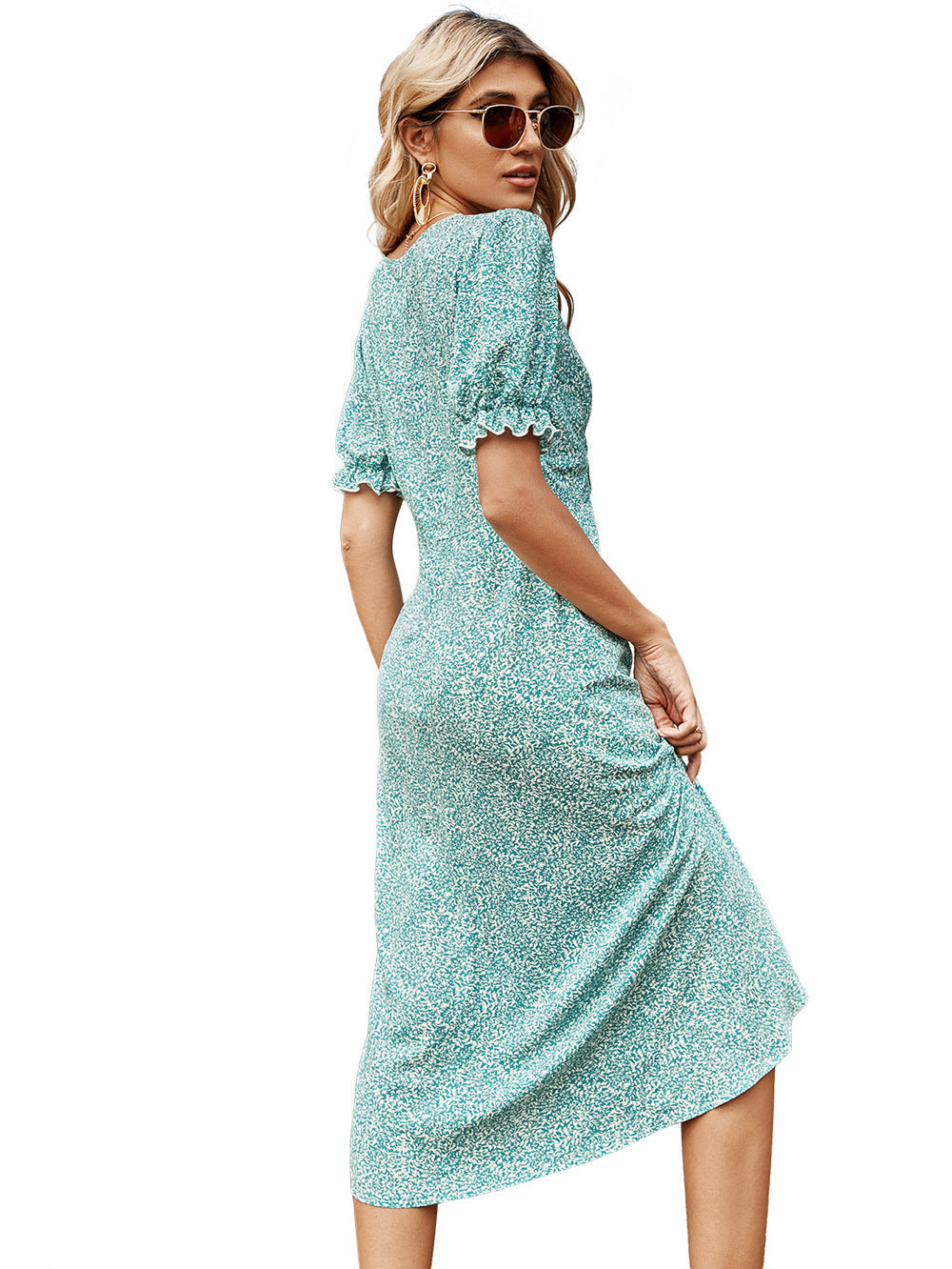 Vineyard Stroll Puff Sleeve Wrap Midi Dress