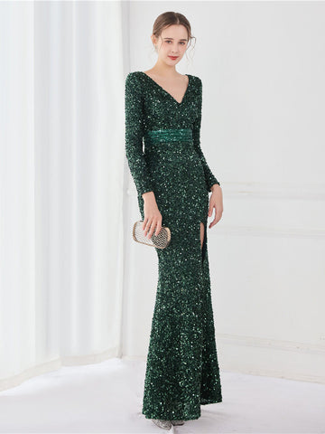 Temperament long sleeved evening dress