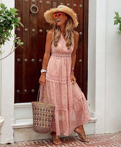 Starlit Peplum Lace Maxi Dress - Peach