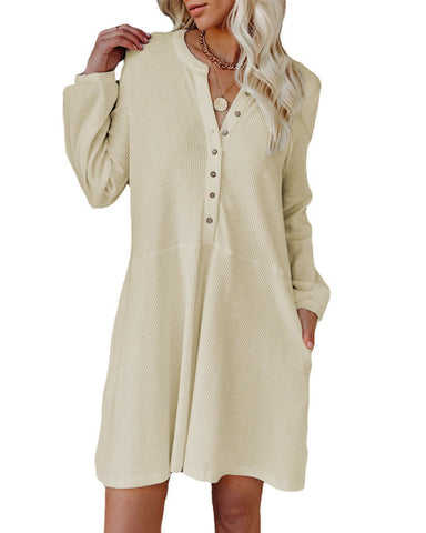 Verity Cotton Blend Pocketed Henley Dress - Oatmeal