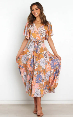 Valda Palm Print Tiered Maxi Dress