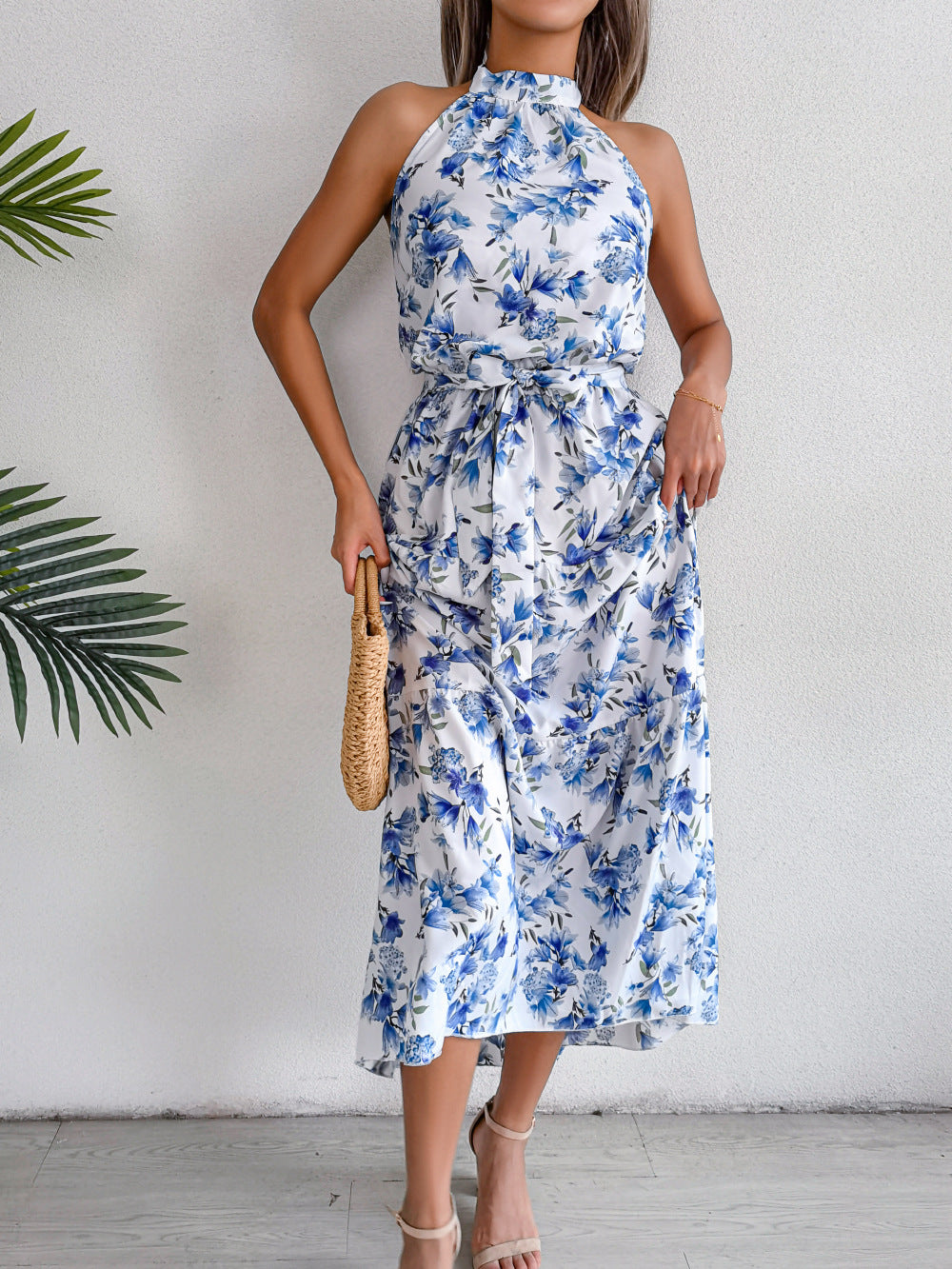 Robe longue dos nu en mousseline fleurie Sure Thing - Bleu 