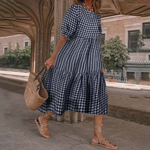 Winifred – Gingham-Midikleid mit Taschen und Puffärmeln