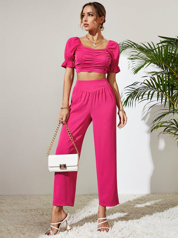 Solid Color Short Sleeve Trousers Two Piece Set