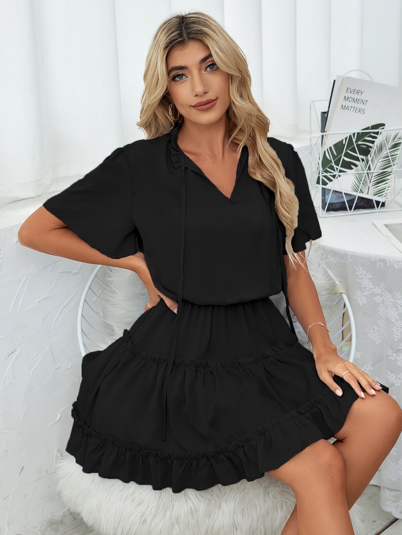 Slow It Down Smocked Tassel Dress - Black