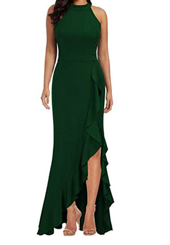 Sunlit Soiree – Satin-Maxikleid mit hohem Bund und Rüschen – Grün/Mintgrün 