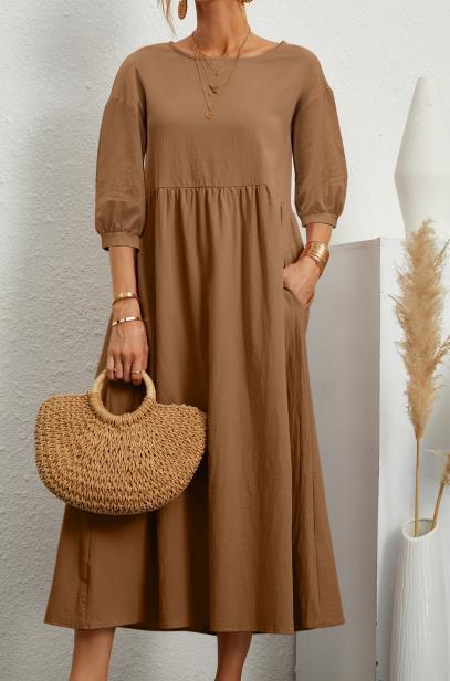 Sosa Cotton Pocketed Puff Sleeve Midi Dress - Brown