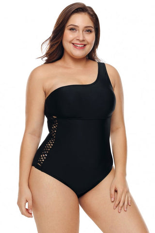 One Shoulder Grid Cutout Side Plus Size One Piece Swimwear