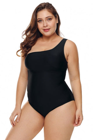 One Shoulder Grid Cutout Side Plus Size One Piece Swimwear