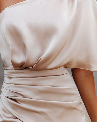 Persimmon One Shoulder Satin Drape Dress - Champagne