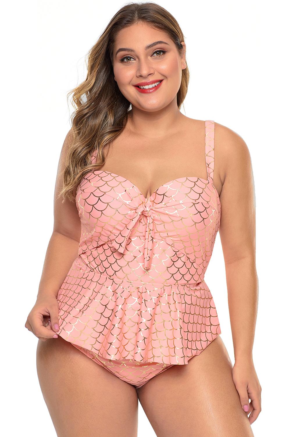 Pink Halter Neck Plus Size Peplum Tankini