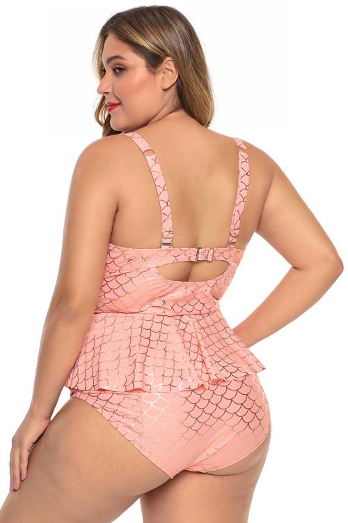 Pink Halter Neck Plus Size Peplum Tankini