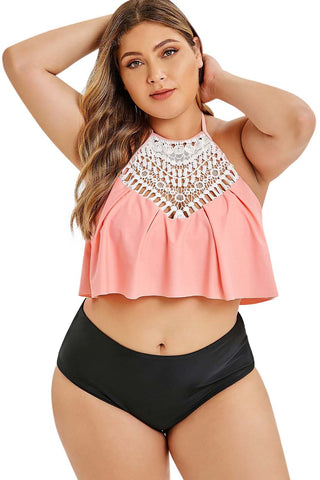 Pink Halter Crochet Flounced Plus Size Tankini Set