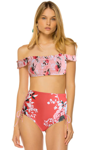 Pink Off-the-shoulder Smocked Floral High Waist Bikini Set