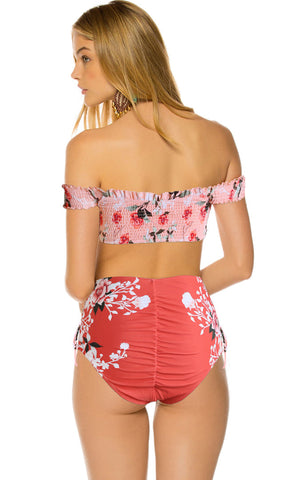 Pink Off-the-shoulder Smocked Floral High Waist Bikini Set