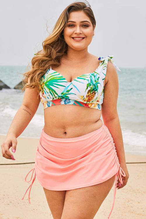 Pink Ruched Side Plus Size Beach Swim Skirt