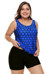 Plus Size Blue Black Polka Dot Tank Top and Short Swimsuit