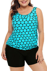 Plus Size Cyan Black Polka Dot Tank Top and Short Swimsuit