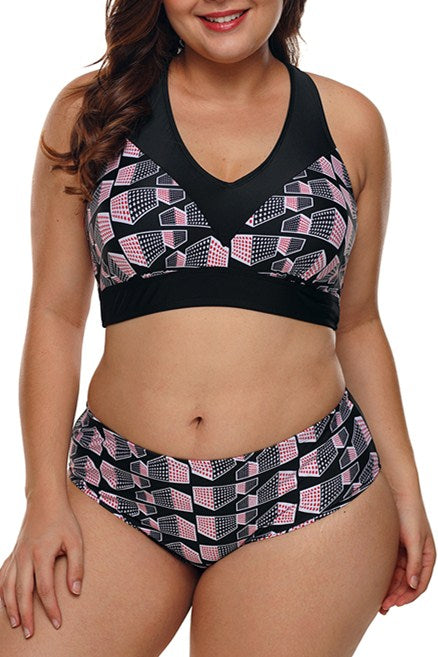 Plus Size Geometry Cross Back Bikini Swimsuit Set