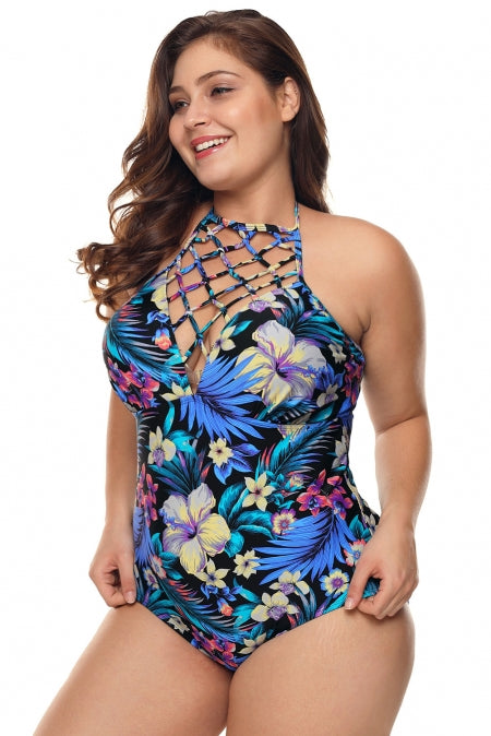 Plus Size High Neck Hollow Out Floral Teddy Swimwear
