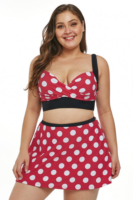 Plus Size Polka Dot White Red Bikini Top with Swim Skirt