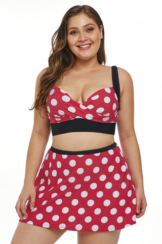 Haut de bikini grande taille à pois blancs et rouges avec jupe de bain